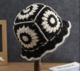 Black and white knitted crochet fisherman hat