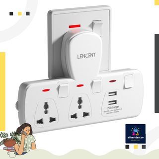 LENCENT Multi Plug Extension Socket with USB, 2 Way Electrical Outlet Extender with 2 USB, Wall Charger, Universal Plug Adapter, Charging Station for Home, Office, Kitchen, Individually Switched