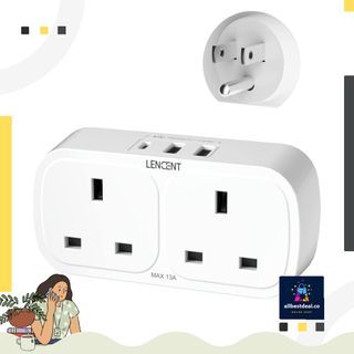LENCENT UK to US Plug Adapter with 3 USB Ports, 2 Way 2 Plugs Socket adapter, Grounded America Travel Adapter for USA Mexico Canada Thailand and More (Type B)…