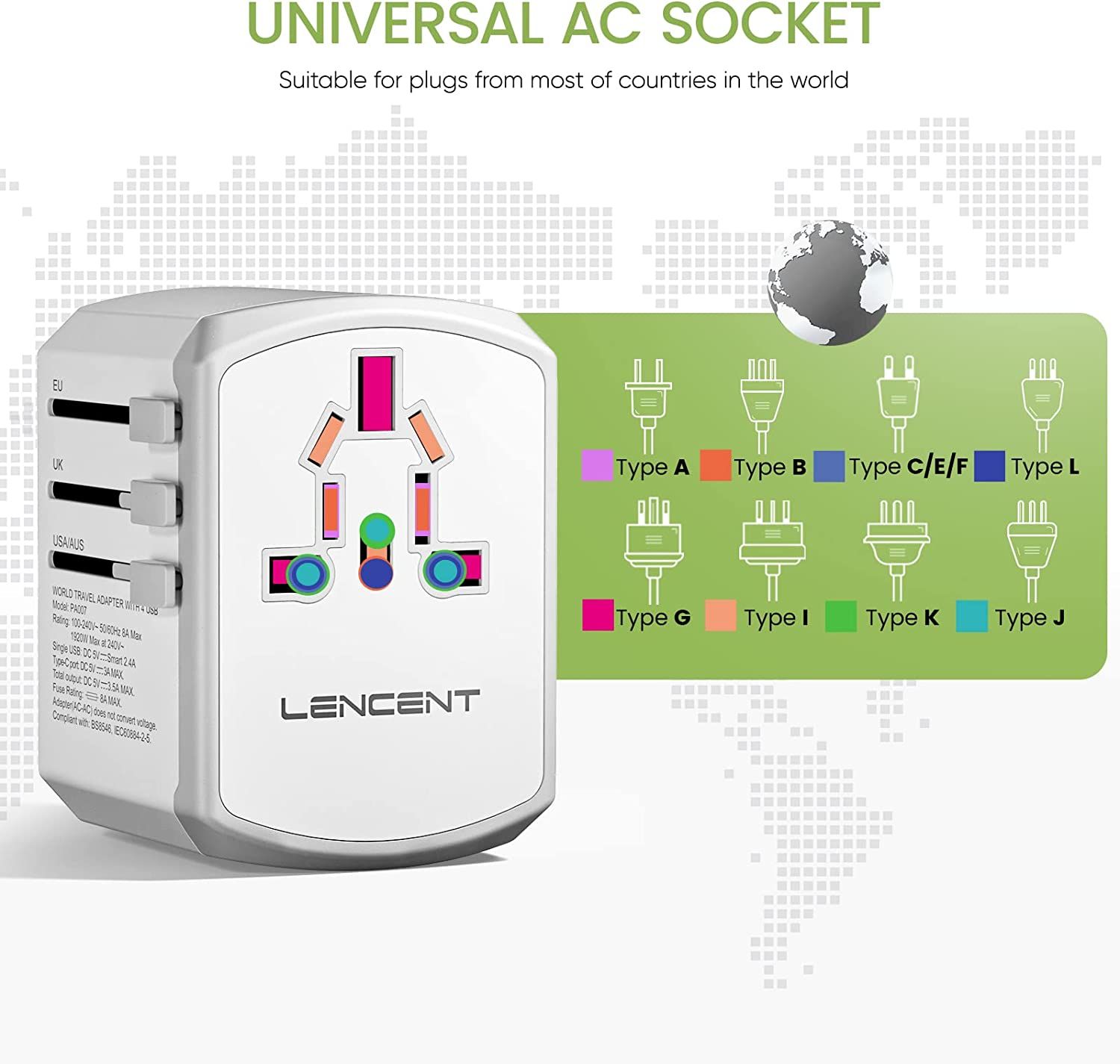 LENCENT Universal Travel Adapter, International Charger with 3 USB Ports  and Type-C PD Fast Charging Adaptor for iPhone, Samsung, Tablet, Gopro. for