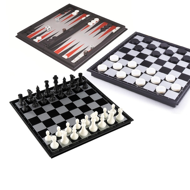 Magnetic Chess Backgammon Checkers Set Road Foldable Board Game 3-in-1 ...
