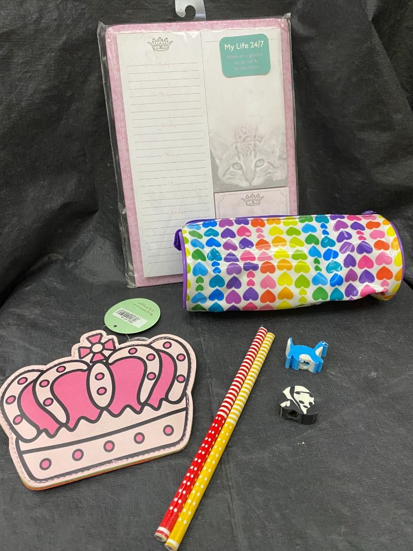 magnetic clipboard pencil box stationary set (Category: Stationery & School Supplies) located in Makati City. Submitted by mighty.simpletrading (Listing ID 1235545272, Image 1). Description: SELLING AS BUNDLE ONLY !! Location: Makati City Price: 200php Brand: Stationary Set Package includes: -1x pencil box heart rainbow -2x pencil (red and yellow) -2x animal eraser (panda,dino) -1x princess crown pouch -1x 54sheet weekly notepad to do list and st