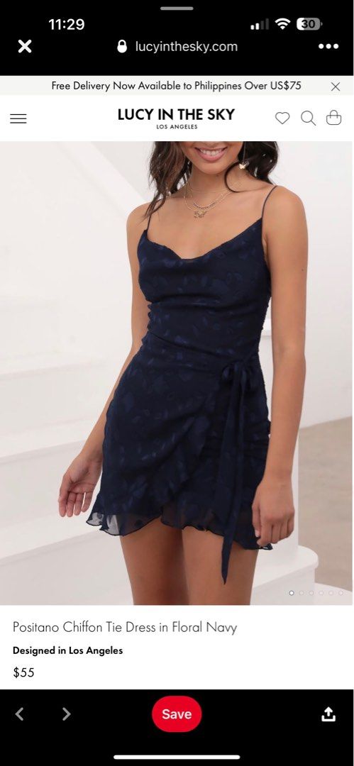 lucy in the sky cowl neck Chiffon floral Navy Blue cami wrap around self tie mini casual party graduation dress Women s Fashion Dresses Sets Dresses on Carousell