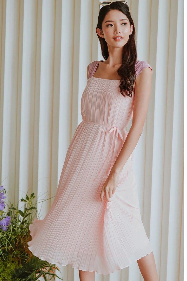 strapless open back dress 21Six Hayley Silk Satin Pleated Midi Dress main image 1