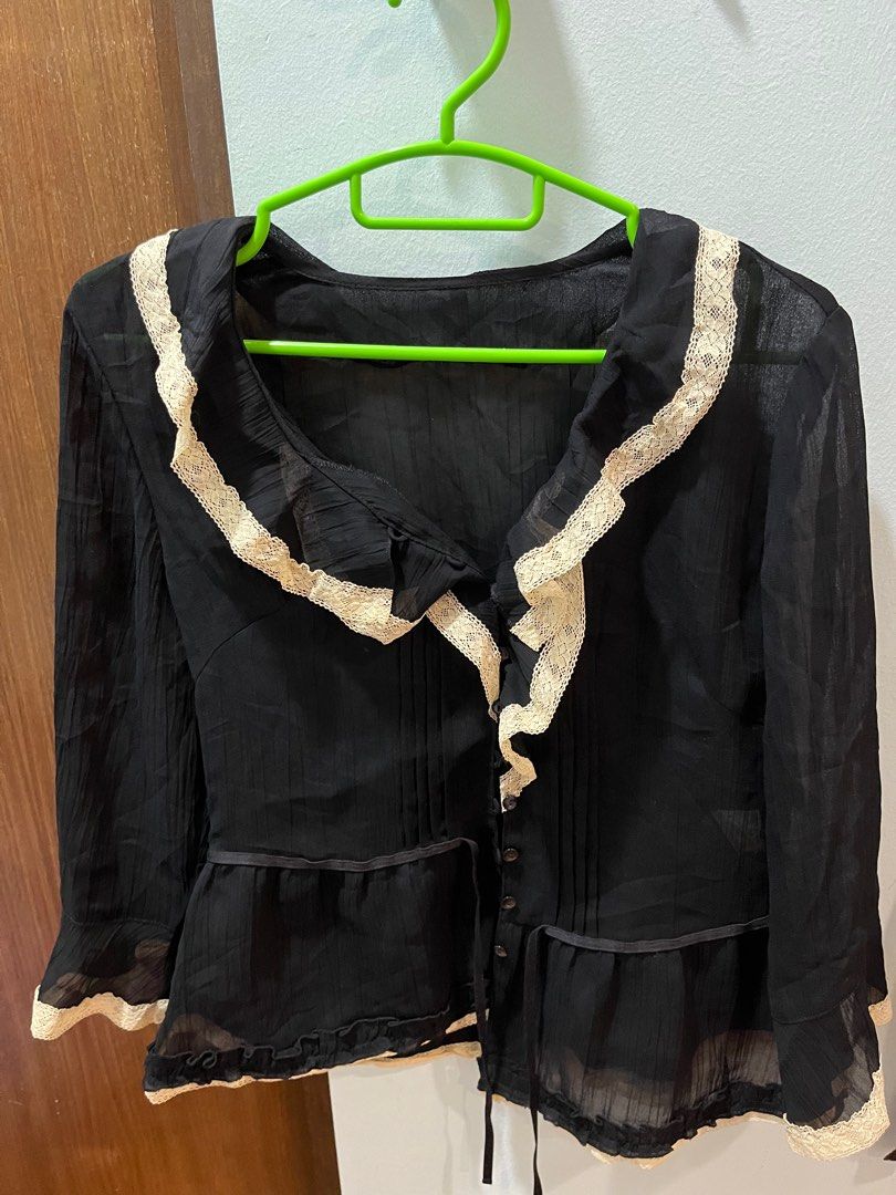 ruffle button up blouse, Women's Fashion, Tops, Blouses on Carousell