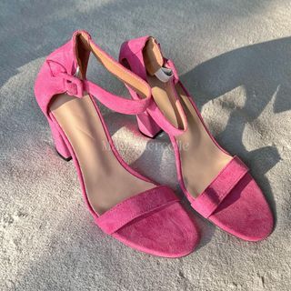 Shein Pink Open Toe Faux Suede Ankle Strap Chunky Heeled Sandals Heels