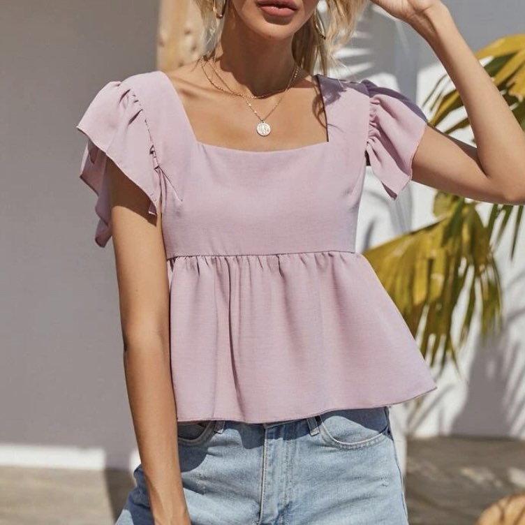 Shein Solid Ruffle Hem Top - Lilac Purple, Women's Fashion, Tops, Other Tops  on Carousell