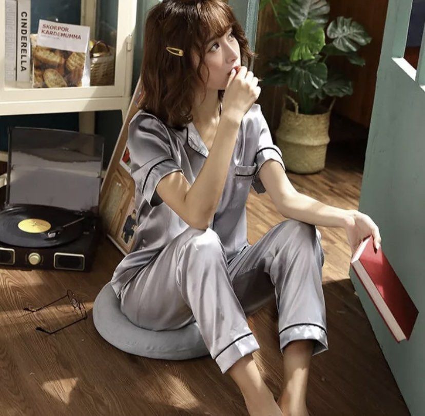 Basic Silk Pajama Long Pants Set Lounge Wear Sleepwear