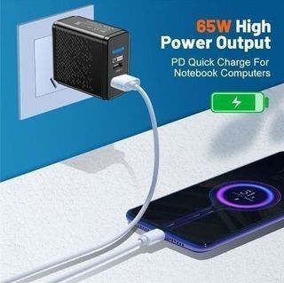 Smart Speed Charger 65W PD + USB 3.0 Dual Ports Wall Charger - Smart 65W GaN for Android or IOS or Certain PD Laptops