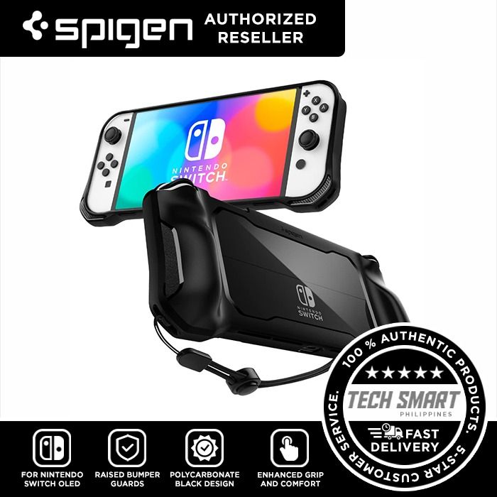Spigen Rugged Armor Case for Nintendo Switch OLED Model 7 Inch and Joy-Con Controller TPU Grip with Strap Protective Case (Category: Cases & Covers) located in Manila. Submitted by techsmartph (Listing ID 1159445052, Image 1). Description: * Elevated TPU grip that enhances gaming experience with more comfort and durability. * Transparent polycarbonate back designed to protect from everyday bumps, falls, drops, and scratches. * Wrist strap attache
