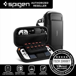Spigen Rugged Armor Pro Case for Nintendo Switch OLED Model 2021 / Switch 2017 Joy Con Controller Accessories and AirTag Holder Protective Portable Travel Storage Game Carrying Case