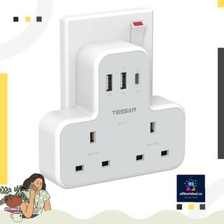 TESSAN Multi Plug Extension Socket with USB C, Electrical Outlet Extender with 2 USB Wall Outlet,2 Way Plug Adapter with 3 USB Charger, Charging Station for Home, Office, Kitchen, Dorm Room, Gray