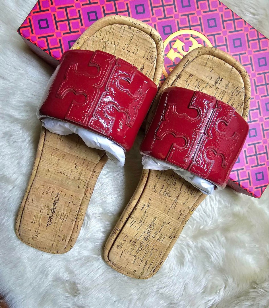 Tory Burch Double T Sport Slide Nappa Leather Red Sandals Size 7 on