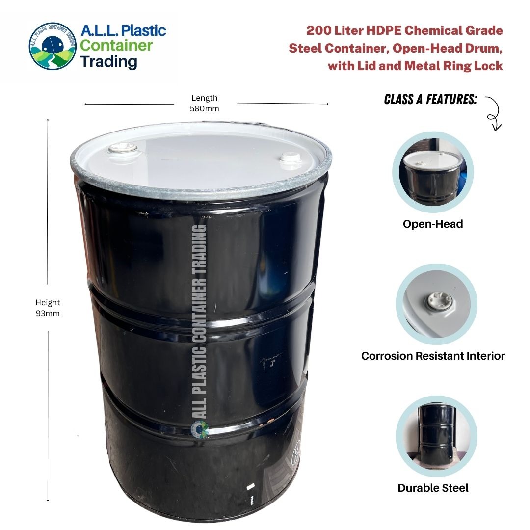 200 Liter Steel Drum Container (Chemical Grade) Open Top with Cover and