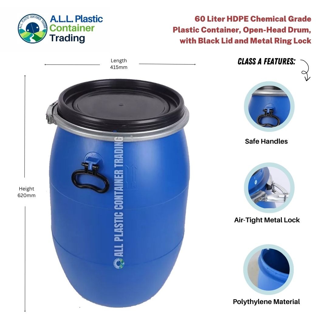 60 Liter Liter Heavy Duty Plastic Container Drum (Chemical Grade) Open