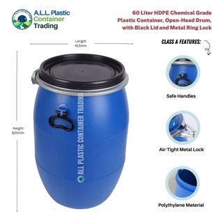 60 Liter Liter Heavy Duty Plastic Container Drum (Chemical Grade) Open Top Barrel with Cover and Lock Water Safe