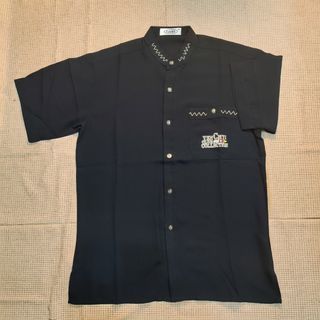 古著庫存品亨利領刺繡圖騰襯衫 深藍