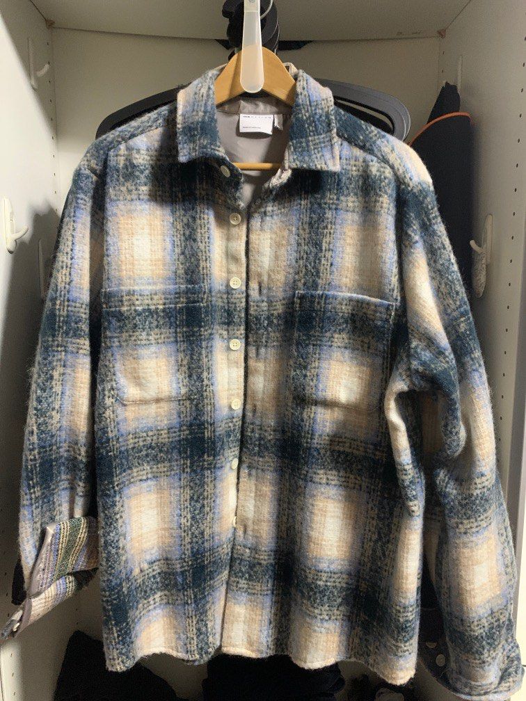 ASOS Overshirt in Wool Mix Blue Check, Men's Fashion, Tops Sets