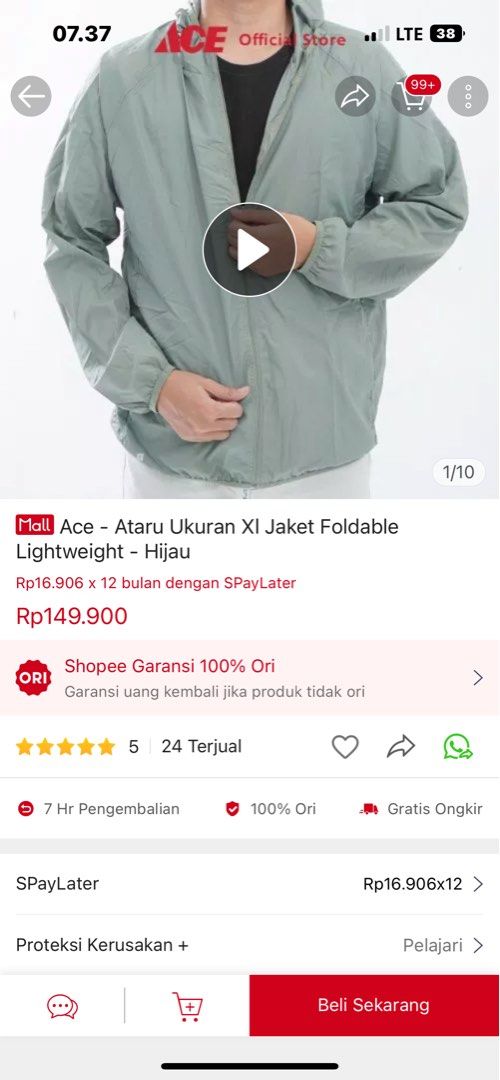 ATARU ACE HARDWARE Jacket Parasut Parachute Folding Jacket Green Army