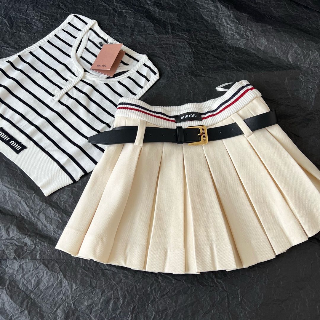 BN Authentic Miumiu 2023ss Contrasting Ribbon Belt Pleated Skirt  