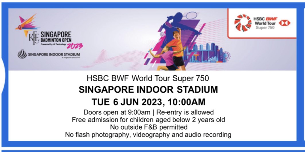 BWF SINGAPORE OPEN SUPER 750 PLATINUM SEAT (6/6/2023), Tickets