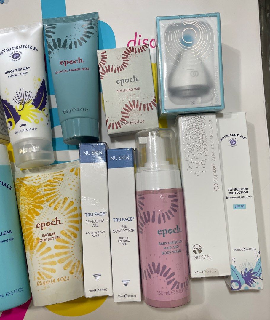 Epoch blemish treatment. Epoch polishing bar. Epoch baobab body butter. Epoch baby hibiscus body wash. Nuskin Collagen plus (Category: Hands & Nails) located in Singapore. Submitted by nu_fastdeal (Listing ID 1182990449, Image 3). Description: 1 box of epoch blemish treatment is $20 expiry date is 07/24 which include normal mailing 1 epoch polishing bar is $16.90 include normal mailing 1 box of inner focus collagen plus is $77 include normal mail