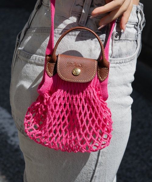 Longchamp, Bags, Nwt Longchamp X Filt 86 Le Pliage Filet Xs Mesh Fishnet  Leather Bag Candy Pink