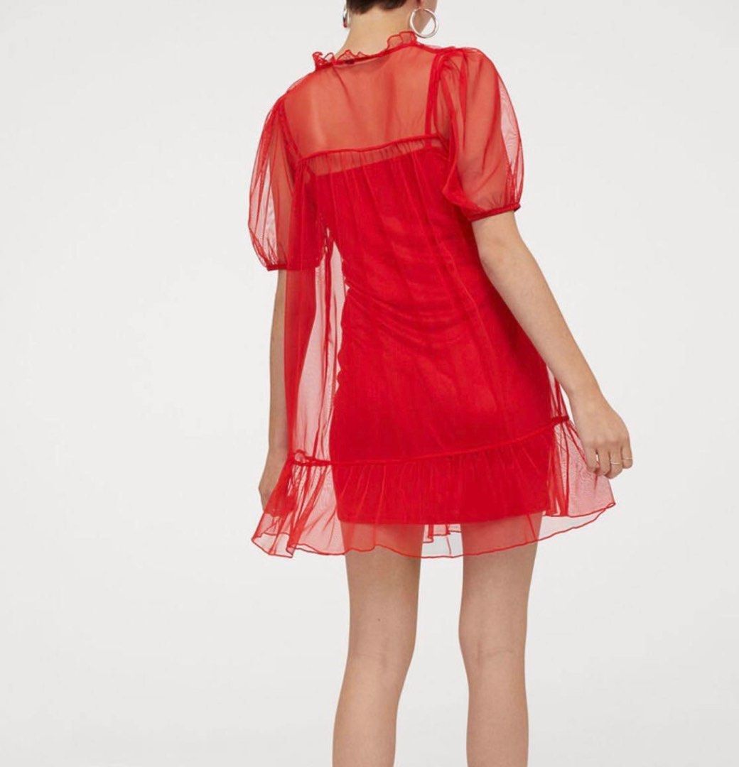 open lace back dress Puff Sleeve Pink Poplin Mini Dress S