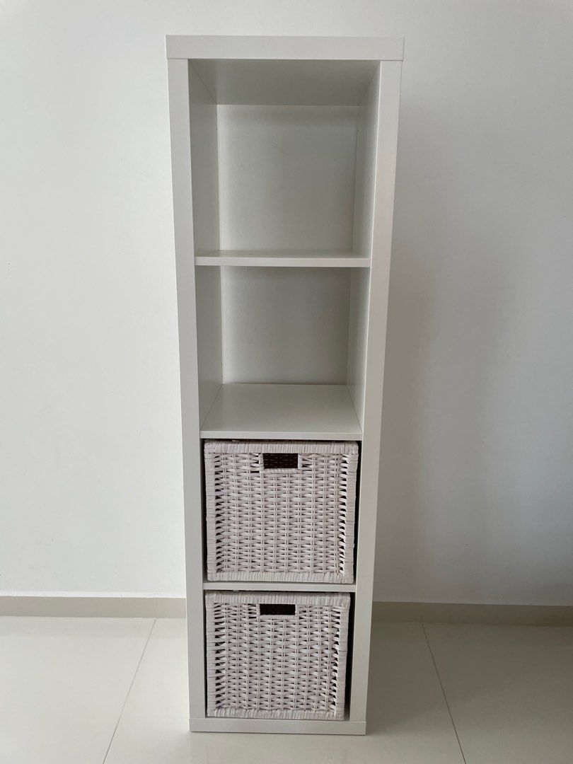 IKEA Kallax 1x4 with 2 white baskets, Furniture & Home Living, Furniture, Shelves,
