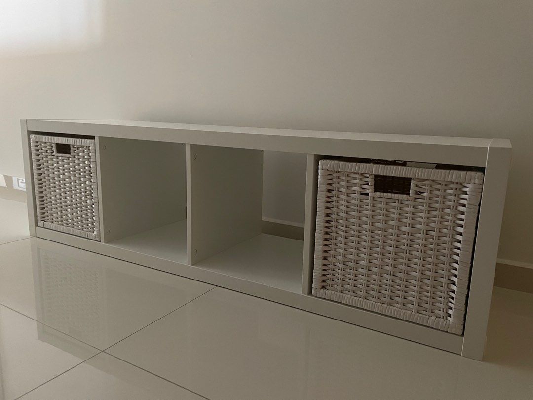 IKEA Kallax 1x4 with 2 white baskets, Furniture & Home Living, Furniture, Shelves,