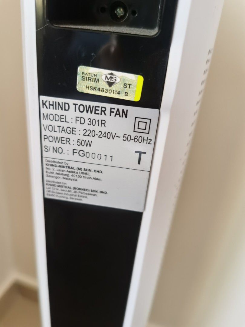 KHIND Tower Fan FD301R, Furniture & Home Living, Lighting & Fans, Fans