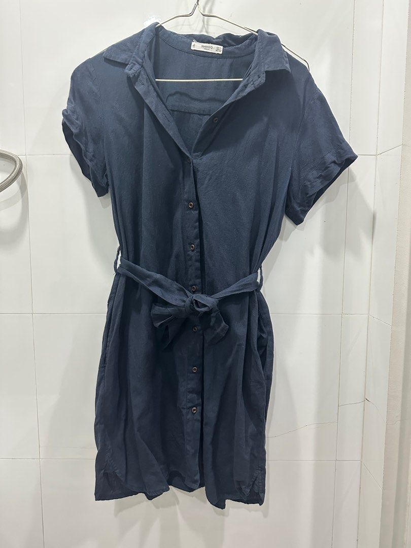 chinese dress ladies Mango Short Sleeve V Pocket Dress in Dark Blue main image 1