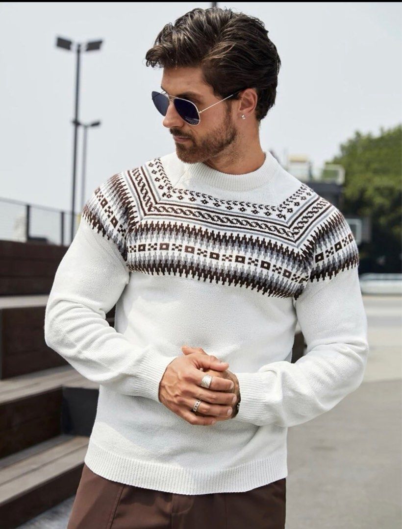 Men Geo Pattern Raglan Sleeve Sweater Men s Fashion Coats