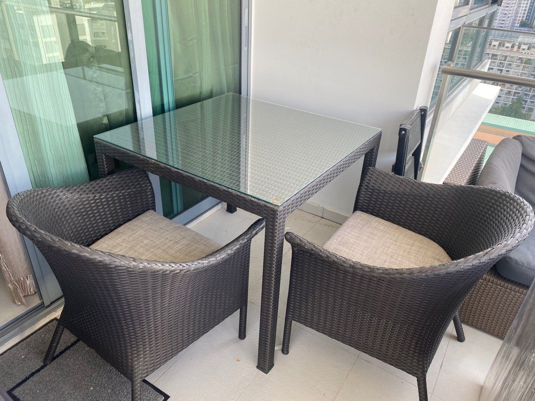 Outdoor Rattan Dining Table with Glass Top + 2 x Chairs, Furniture