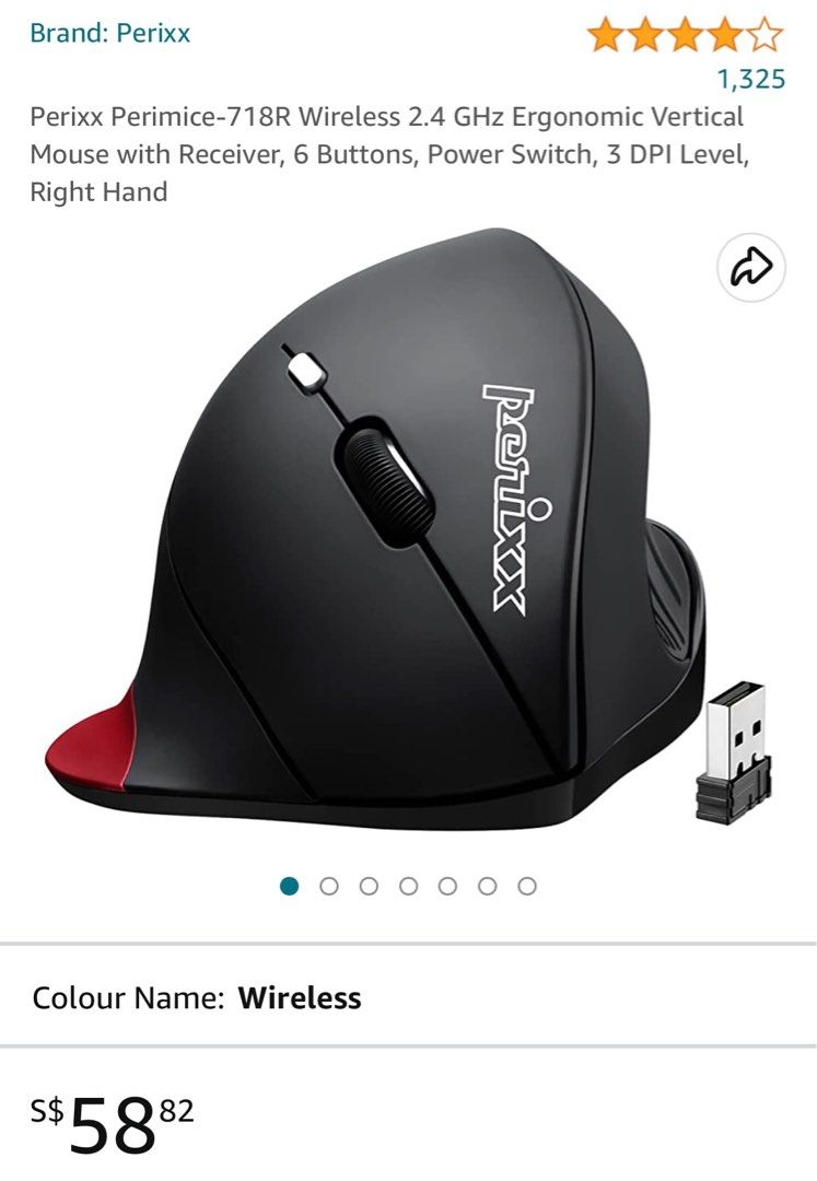 Perixx Perimice718R Wireless 2.4 GHz Ergonomic Vertical Mouse with