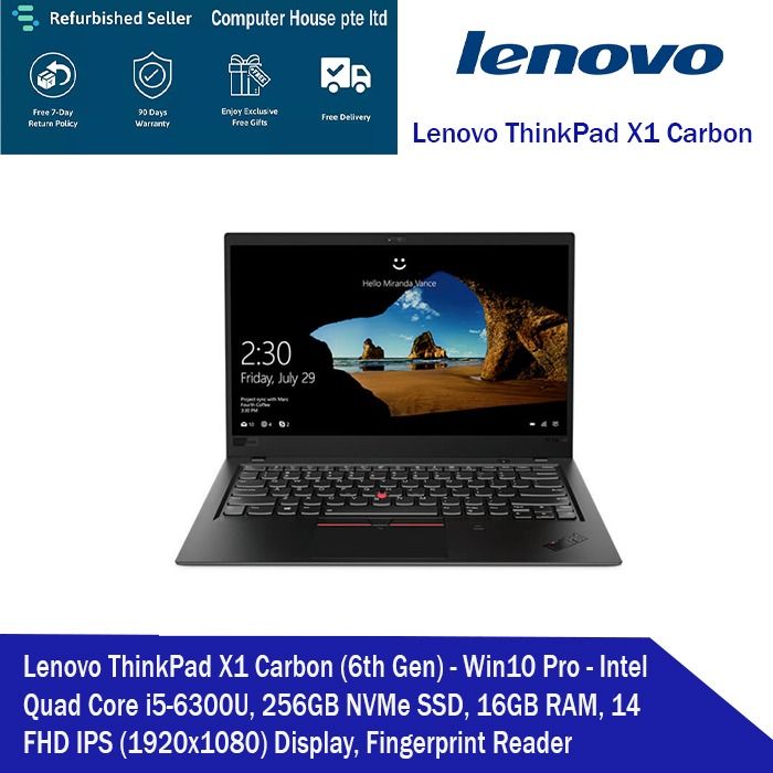 Refurbished Lenovo ThinkPad X1 Carbon 6th Gen Intel Quad Core i5 6300U 256GB NVMe PCIe SSD 8GB RAM 14 FHD IPS 1920x1080 Display Win 10 Pro