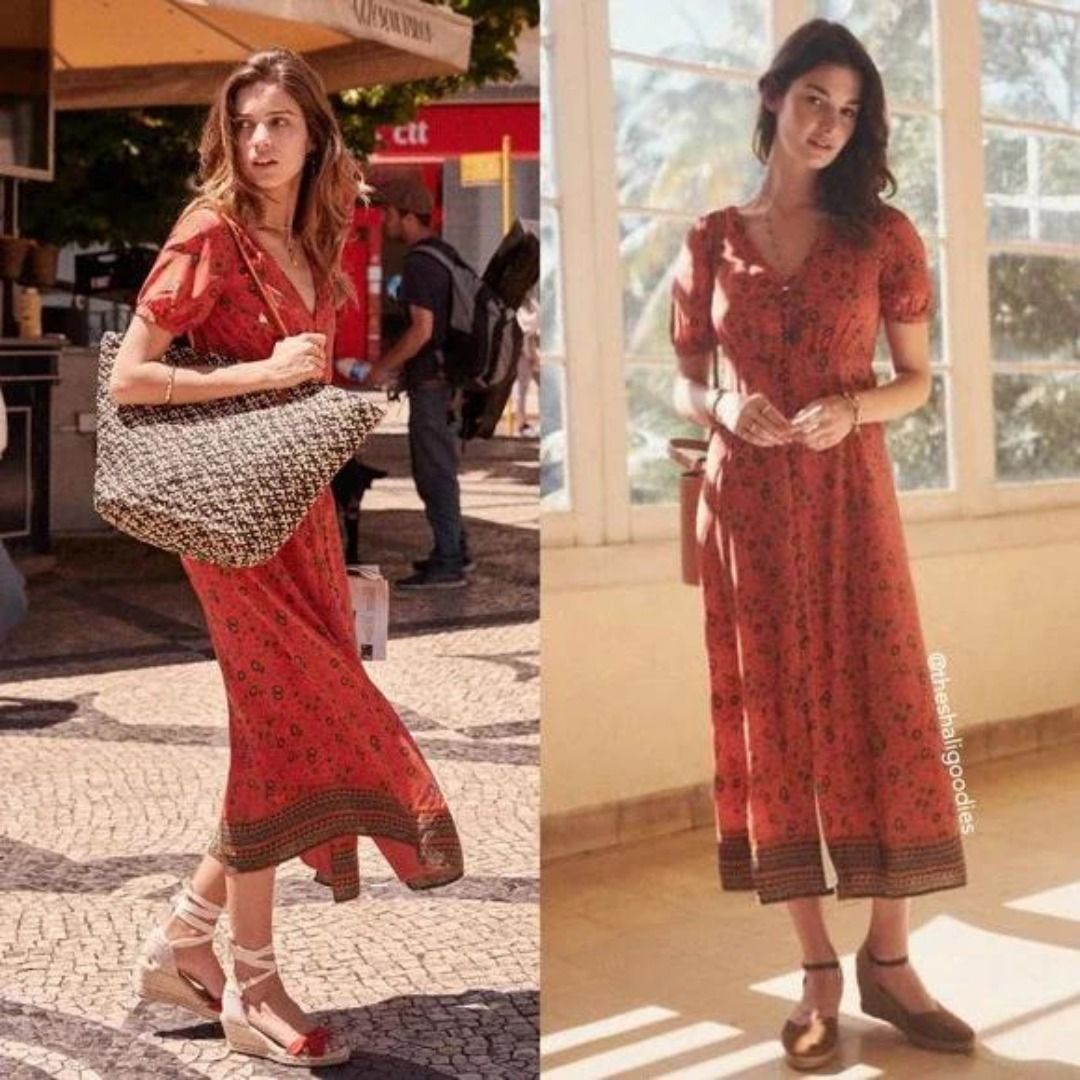 SEZANE Sollie Dress Orange Floral Silk Maxi Dress in Terracotta