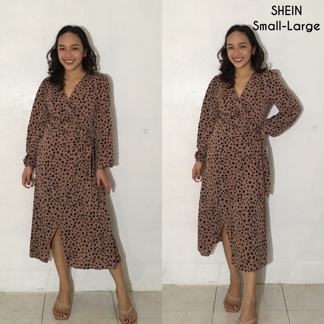 Shein Brown Animal print wrap around dress midi dress maxi dress long  sleeves office dress