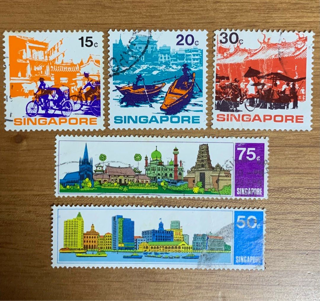 Singapore 1971 stamps Tourism set hawker, river & boat, temple, skyline