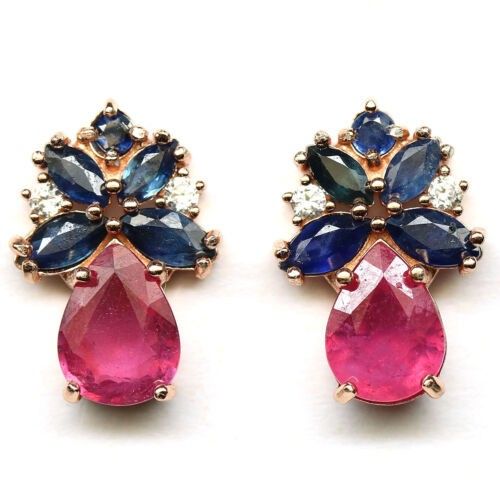Special Price Dazzling Natural 7 X 9 mm. PINKISH RED RUBY BLUE SAPPHIRE Earrings