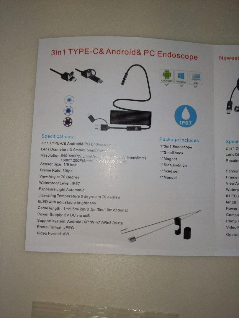 USB borescope, mini small inspection camera, type C and micro and type