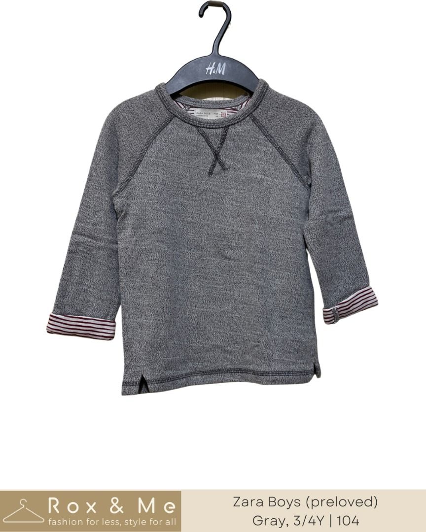 Zara Boys - Gray Long sleeve Pullover Size 3/4Y (Preloved) (Category: Babies & Kids Fashion) located in Mandaue City. Submitted by blazebianca (Listing ID 1235774781, Image 1). Description: PRODUCT DETAILS & FEATURES: Item Name: Gray long sleeve/pullover Brand: ZARA Boys Color: Acid Gray with red stripes lining Size on tag: 3/4Y, 104cm ITEM CONDITION: - Personal PRELOVED ITEM. Not ukay2x. - Well used but NO FLAW, only normal signs of wash & wear.