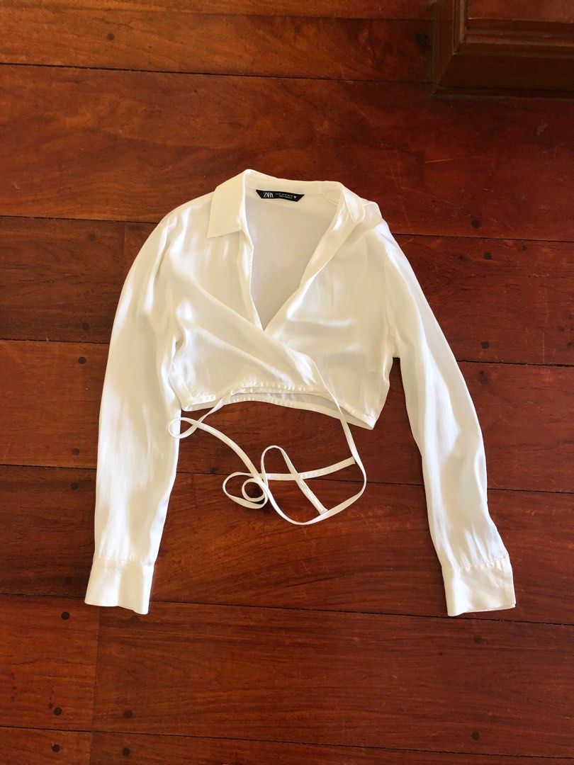 Zara Long Sleeve Satin Wrap Top on Carousell