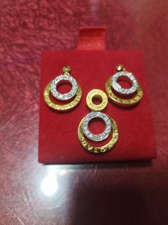 14k 2 toned earrings and pendant set