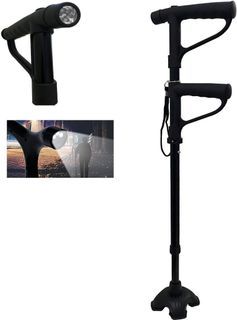 [1553A] Walking Stick Cane Stick Multi-Function Double Handle Design with Flashlight LED Lights Build-in Comfortable Cushion Handle Adjustable for get up and go Men and Women (Black)