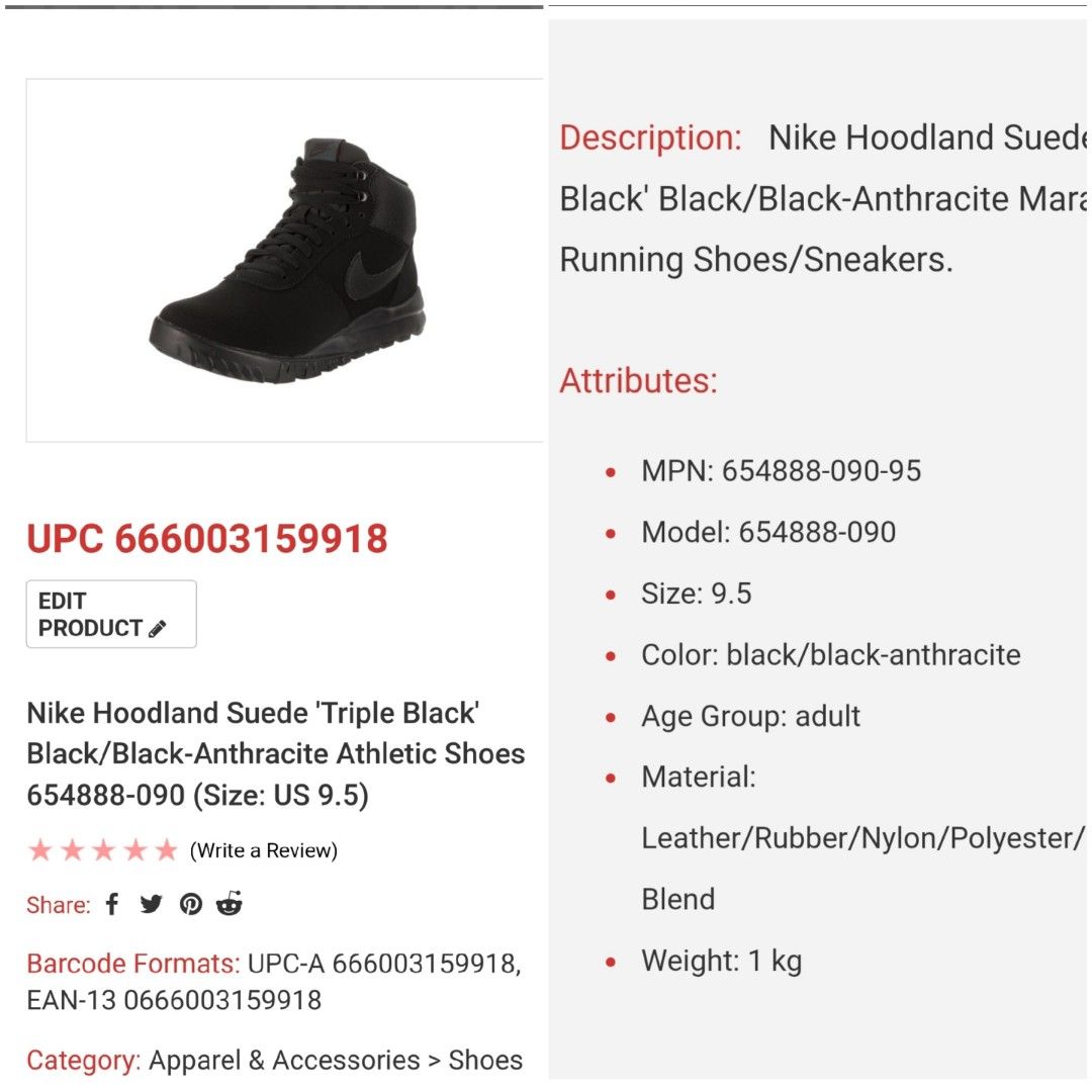 9.5 us men 43 euro Nike Hoodland Suede Triple Black Upc passed Authentic pair