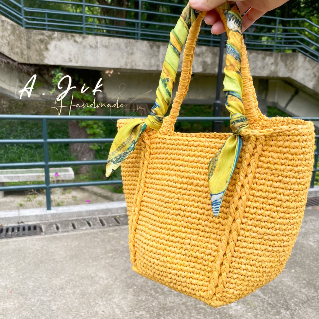 稻香拉菲草混線鉤織立方手提袋Raffia mixed yarn crochet tote bag, 女