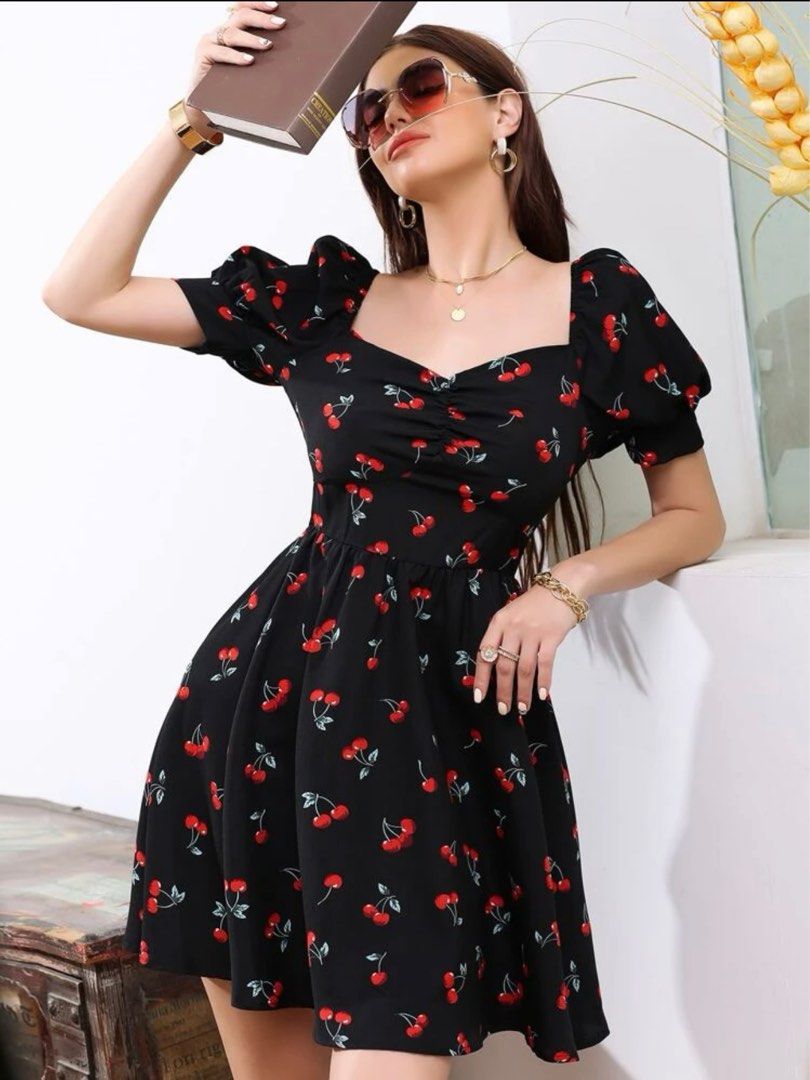 Allover Cherry Sweetheart Neck Dress, Women's Fashion, Dresses u0026 Sets,  Dresses on Carousell
