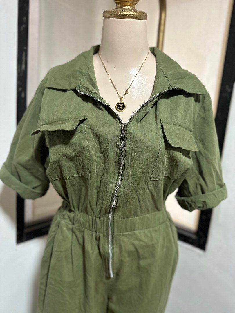 Army green polo zipper cargo short sleeves jumpsuit overall playsuit Women s Fashion Dresses Sets Jumpsuits on Carousell