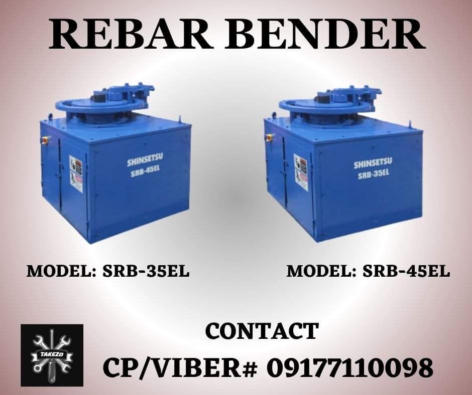 BENDER REBAR (Category: Construction Tools & Equipment) located in Manila. Submitted by joeyroque09 (Listing ID 1235936379, Image 1). Description: SPECIFICATIONS: (SRB-35EL) Rated Voltage - 220 V Frequency - 60 Hz Power - 3 kW Motor rpm - 1,450 rpm Max Bending Diameter - 35 mm Tensile Strength - < 450 Bending Rate - 10.2 “ 19.7 rpm Dimension - 1,080 x 990 x 880 mm Weight - 765 kg.